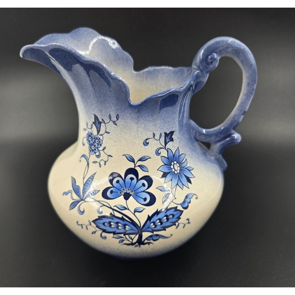 Vintage Ironstone Pottery Pitcher  – Cobalt Blue w Floral Decor - Cottage Core